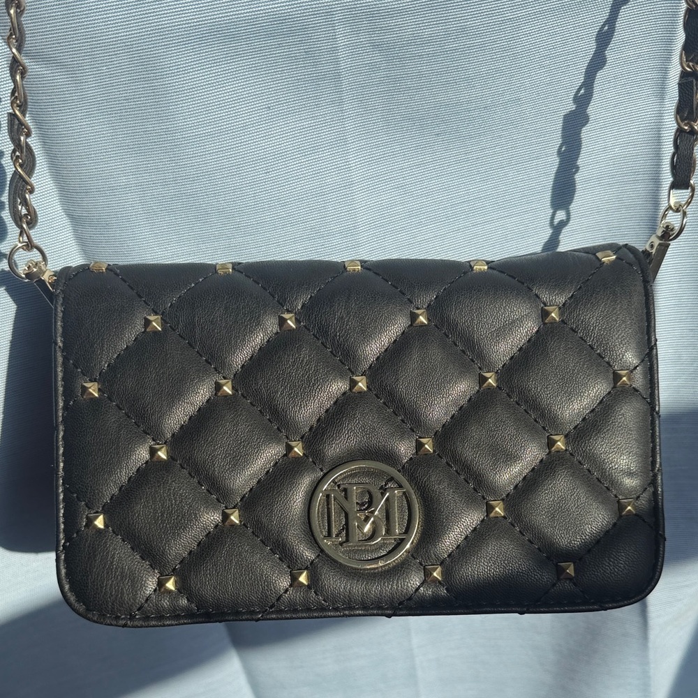 Badgley Mischka Black Quilted Studded Crossbody Bag with Gold Accents